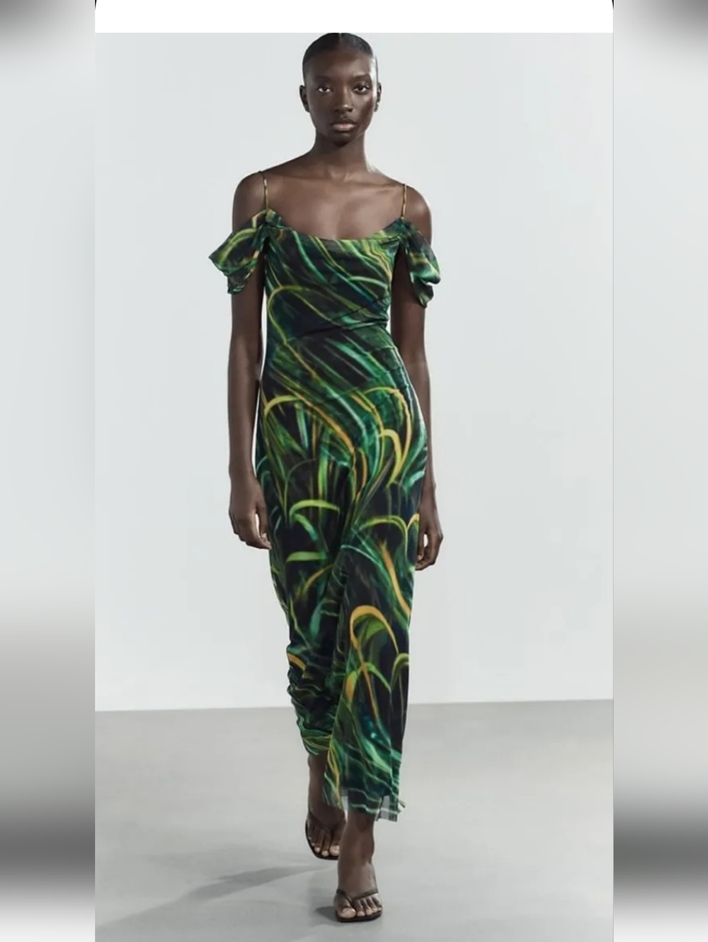 Zara Cold -Shoulder Green Botanical Print Maxi Dress, Size S.
